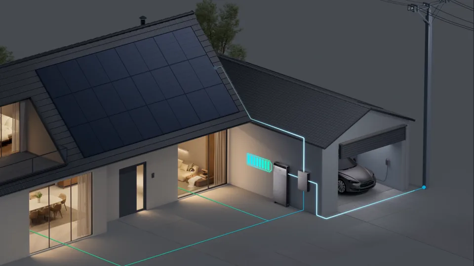 Anker SOLIX X1 home energy storage system on a house wall, day to night scene