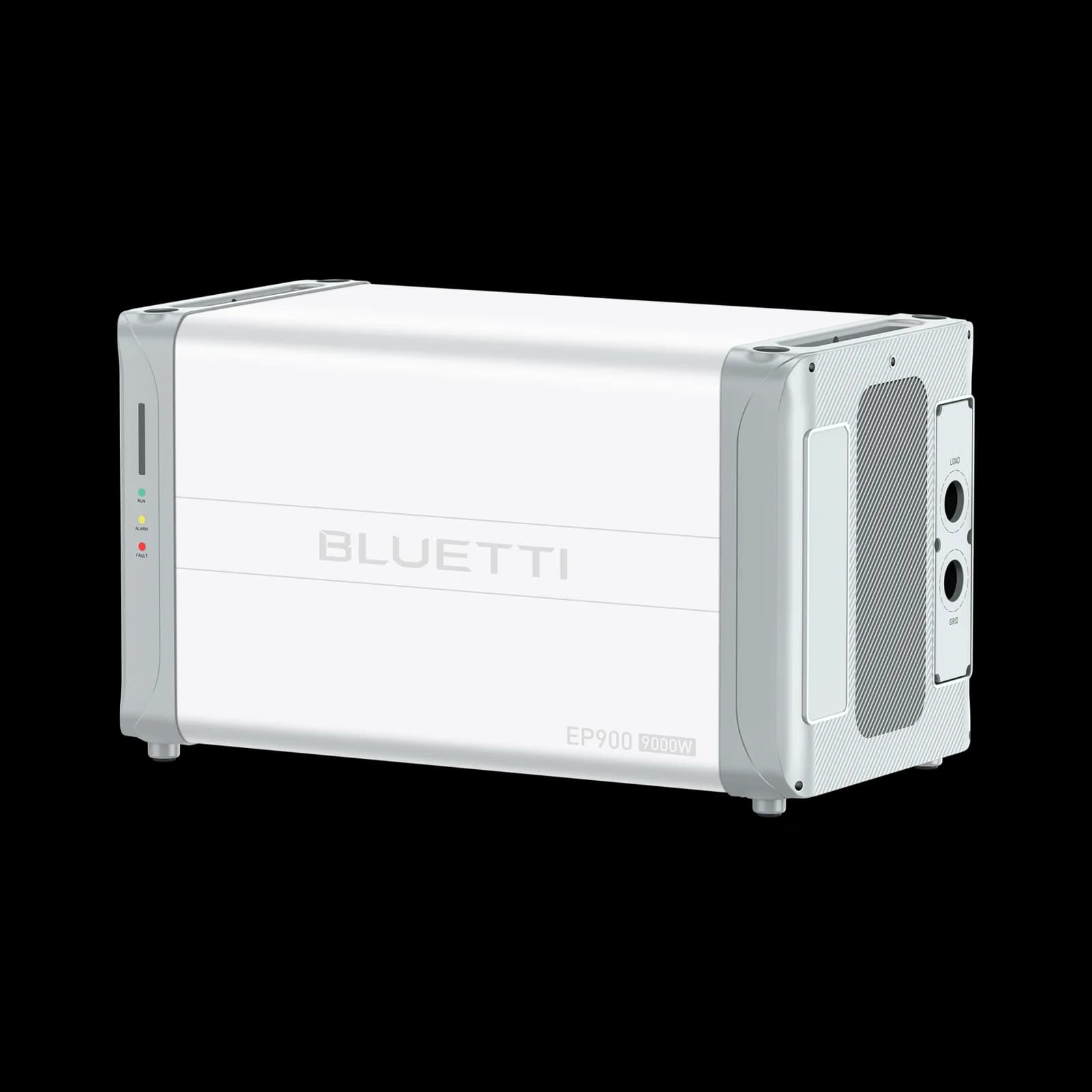 BLUETTI EP900 9000W inverter unit in white with status lights and LOAD/GRID ports