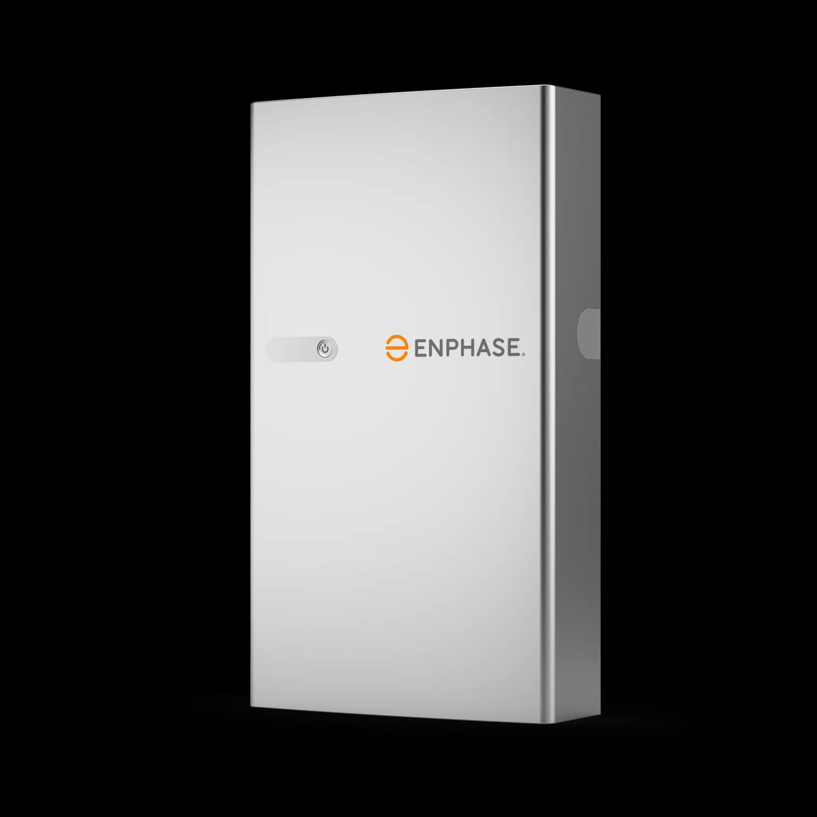 Enphase IQ Battery 5P wall-mounted battery in three-quarter view with power button and Enphase logo