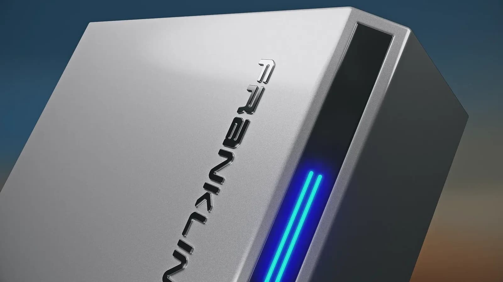 Close-up of the FranklinWH aPower 2 cabinet with illuminated blue status bar
