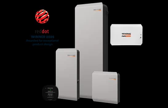 Generac PWRcell 2 product family with PWRmanager and ecobee thermostat, Red Dot 2025 design award badge