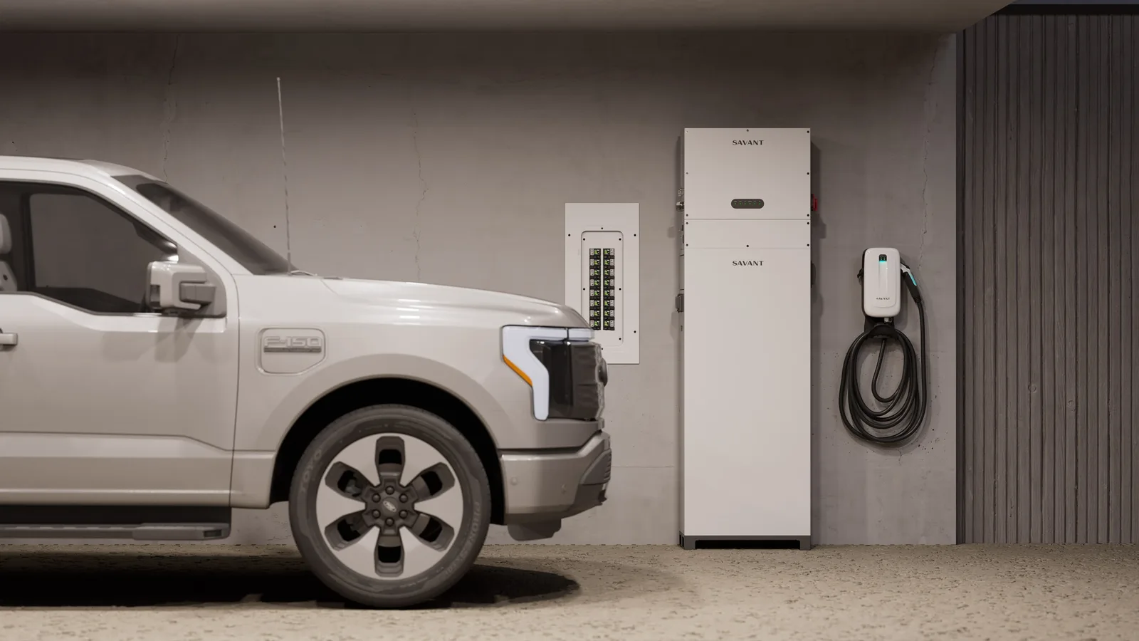 Profile view of Savant Power Storage next to an electrical panel