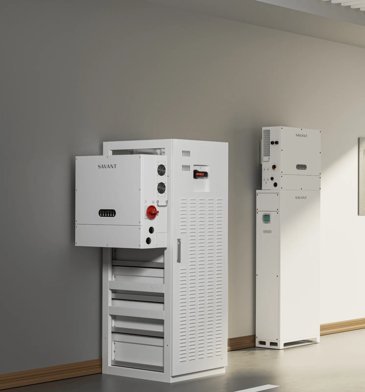 Savant Power Storage 20 and Power Storage 50 units installed in a garage