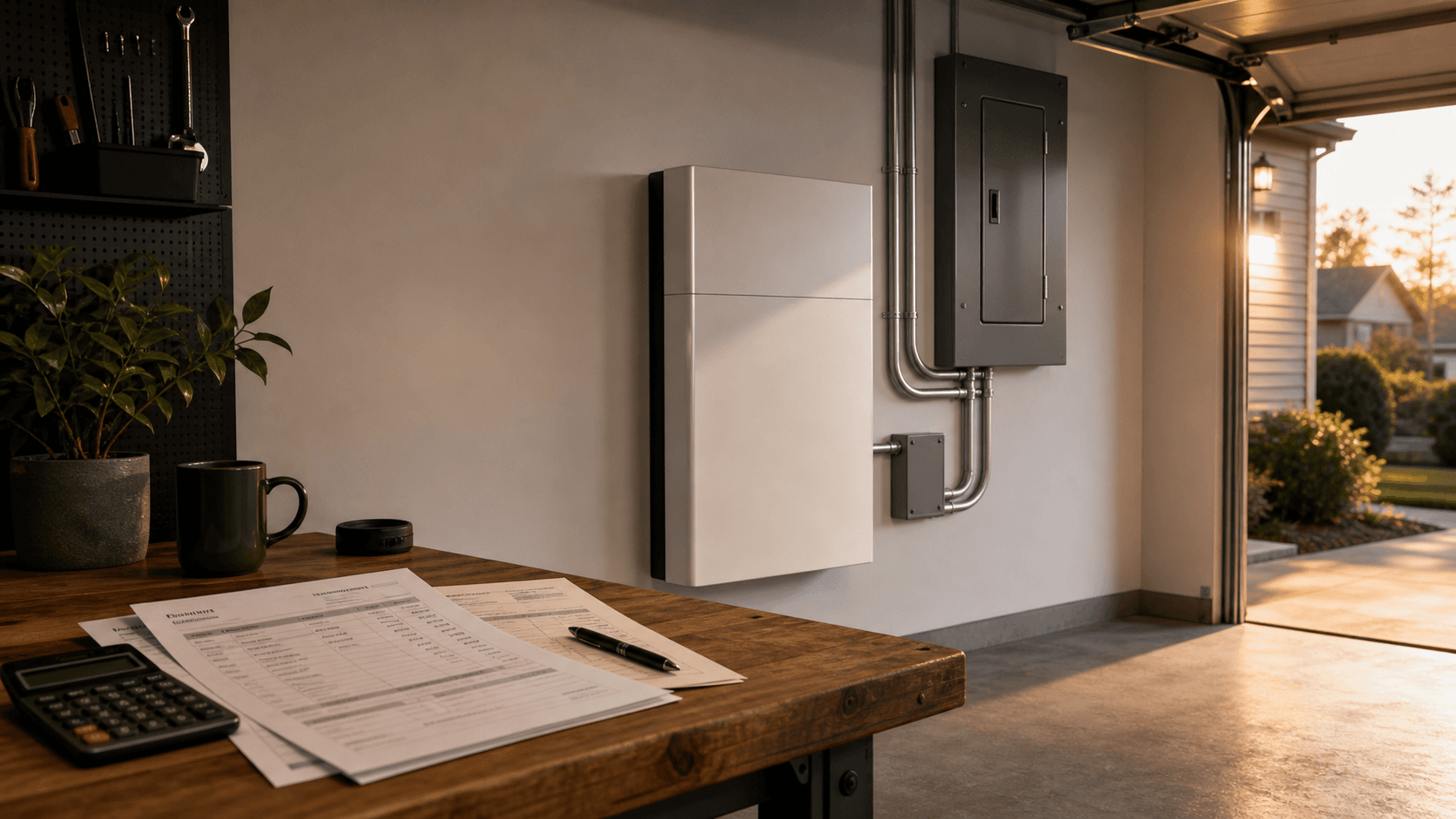 Clean residential garage home battery installation with quote paperwork