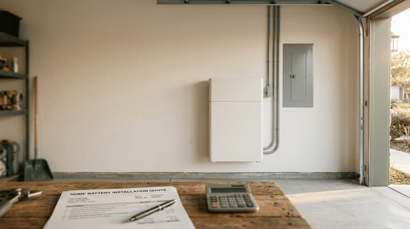 Clean residential garage home battery installation with quote paperwork